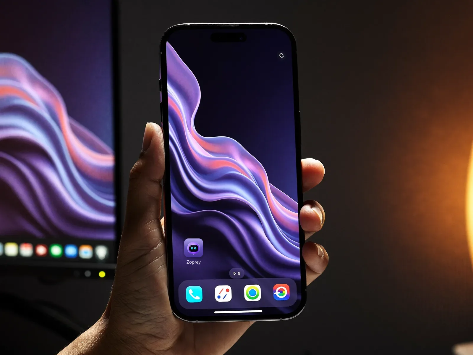 Elde tutulan telefonun ana ekranında Zoprey.Team uygulama simgesi, arkada aynı menekşe duvar kağıdını gösteren PC monitörü — telefondan PC'ye uzaktan bağlantı